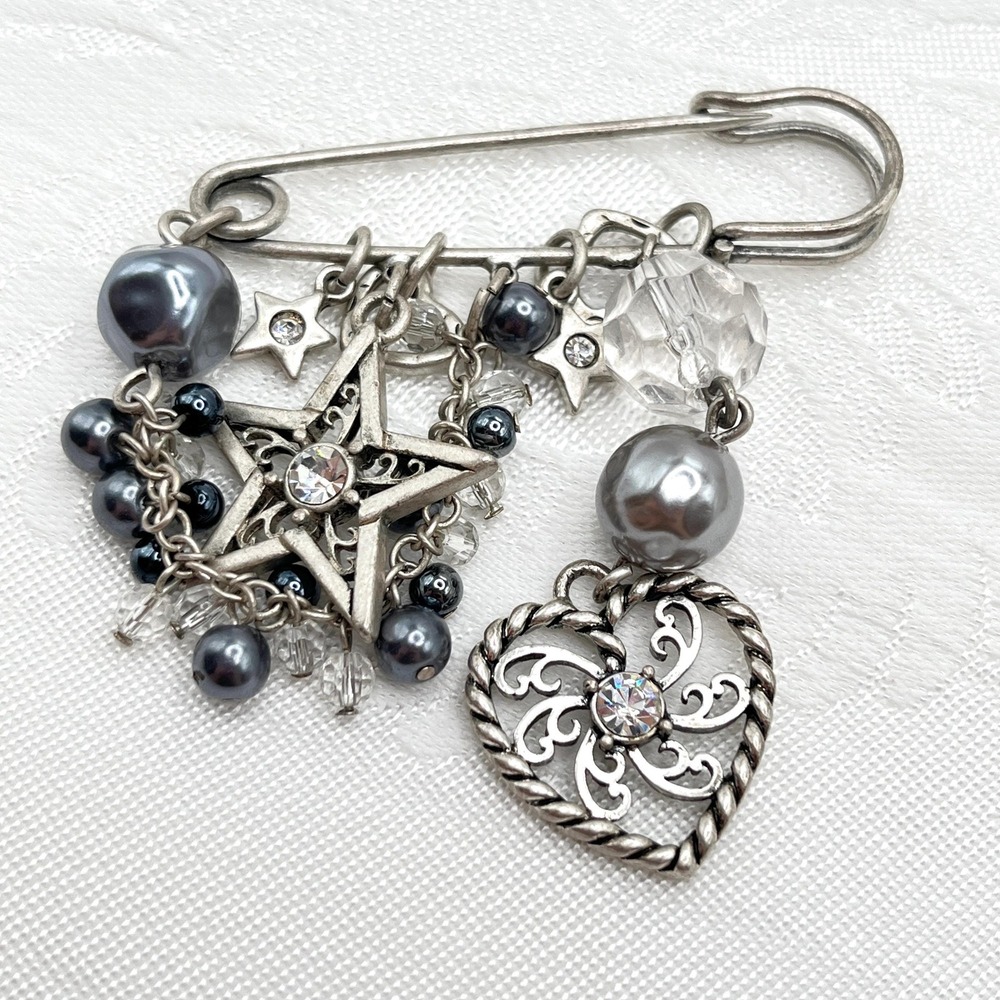 Vintage Stars and Heart Silver Tone Faux Pearl and Rhinestones Safety Pin Brooch
